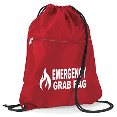 Image of School &amp; Workplace Evacuation Emergency Grab Bag with Flame Logo Graphic Printed Red Documents Equipment Drawstring Sack