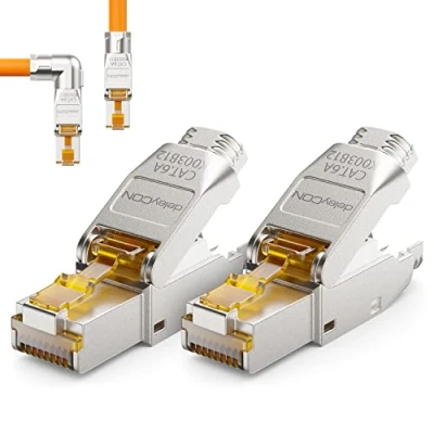 Image of deleyCON 2x CAT 6a Network Connector 90 Angle RJ45 Tool Free Shielded 10Gbit/s for Raw Cable Installation Plug Ethernet LAN DSL Patch