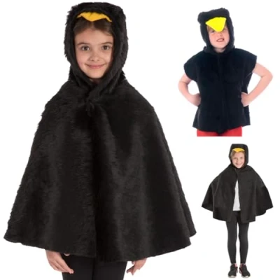 Image of Charlie Crow Fur Blackbird cape costume for kids. One Size. Fits 3 8 Years.