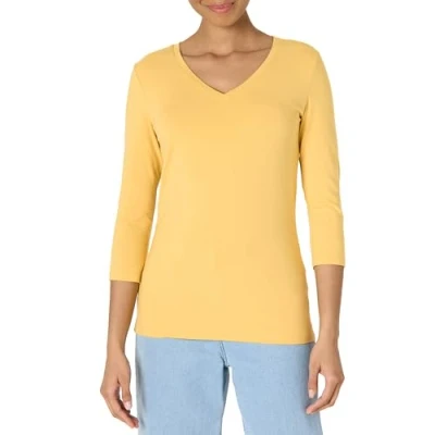 Image of Amazon Essentials Women&#039;s Classic Fit 3/4 Sleeve V Neck T Shirt (Available in Plus Size), Dark Yellow, S