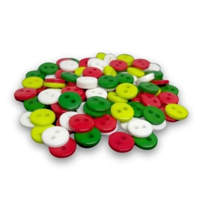 Image of (Pack of 100) Christmas Mix 9mm Buttons 2 Hole Small Round Plastic (White, Green, Light Green &amp; Red)