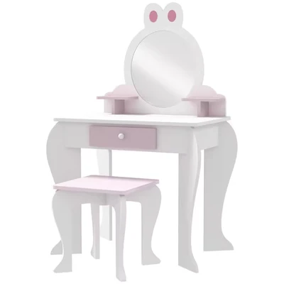 Image of ZONEKIZ Kids Dressing Table with Mirror and Stool, Vanity Girls Drawer, Storage Shelf, Rabbit Design, for Ages 3 6 Years White Pink