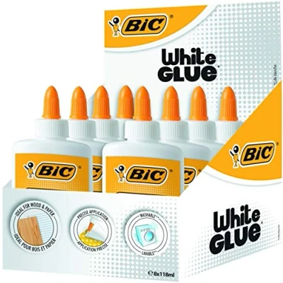 Image of BIC Liquid White Glue Box of 8 118 ml Bottles for Paper, Crafts or Wood Washable with Precise Applicator Tip