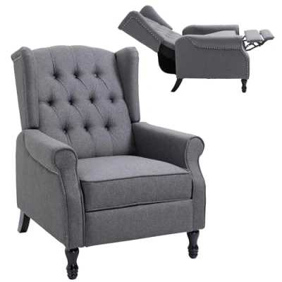 Image of HOMCOM Recliner Armchair, Vintage Reclining Chair with Nail Head Trim, Wingback Button Tufted Back and Footrest, for Living Room, Light Grey