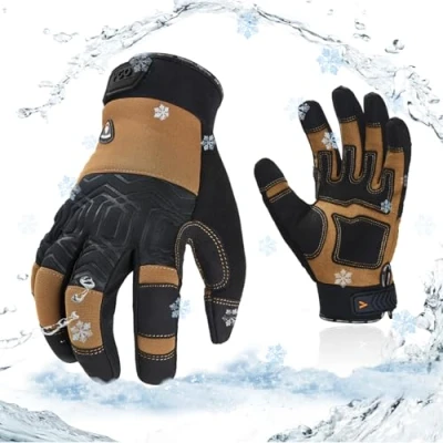 Image of Vgo... 0℃/32F Winter Synthetic Leather Work Gloves, Cold Weather Waterproof Safety Gloves,Cold Storage or Freezer Use,w/3M Thinsulate Lining 1Pair SL7716FLWP(Brown,M)