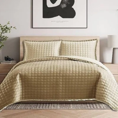 Image of 3 Piece Embossed Bedspread Quilted Comforter Luxury Bed Throw with Pillow Shams Bedding Set Beige Double