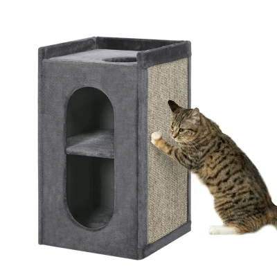 Image of PawHut 81 cm Cat Scratching Barrel with 2 Houses, Play Tower Pad, Tree for Indoor Cats, Grey
