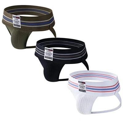 Image of JOCKMAIL 3PCS/PACK Mens Jock Strap Briefs Athletic Jockstrap Sport Underwear Supporter (M, Black+White+Amy Green)