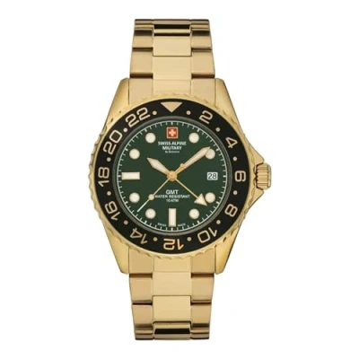 Image of Swiss Alpine Military by Grovana Men&#039;s Watch GMT Analogue Quartz 7052 Stainless Steel, Gold/Black/Green 1114SAM, Bracelet