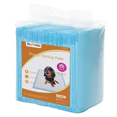 Image of FEANDREA Pack of 55 Pet Training Pads Disposable Puppy Toilet Mats with Highly Absorbent 5 Layer Design and Leakproof Base for Puppies Dogs Cats 60 x 90 cm PTD95BU