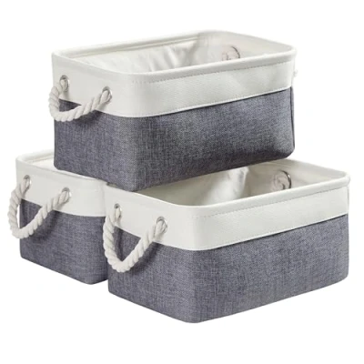 Image of Mangata Canvas Storage Box set of 3, Foldable Fabric Baskets with Handles for Cupboards, Wardrobe, Shelves, Bathroom, Clothes, Toys, Towel (Medium, Cold Grey White)