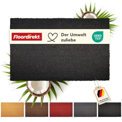 Image of Floordirekt Doormat for Indoor and Outdoor Use, 60 x 90 cm, Black, Coconut Door Mat, Dirt Trapper Mat Front Door, Non Slip (17 mm)
