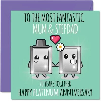 Image of Cute Platinum Anniversary Card for Mum &amp; Step Dad 70 Years Together Happy 70th Wedding Cards Mum, 145mm x Greeting Seventieth Anniversaries