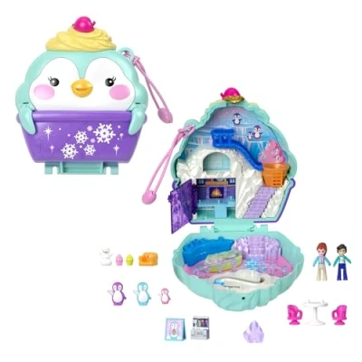 Image of Polly Pocket Dolls and Playset, Travel Toy with Fidget Exterior, Snow Sweet Penguin Compact 13 Accessories, HRD34