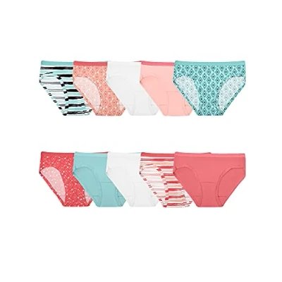 Image of Fruit of the Loom Girls&#039; Cotton Hipster Underwear Panties, 10 Pack Fashion Assorted, Medium (Pack 10)