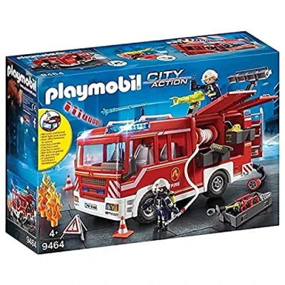 Image of Playmobil 9464 City Action fire Engine with Working Water Cannon, fighter and helicopter Toy, Fun Imaginative Role Play, Playset Suitable for Children Ages 4+
