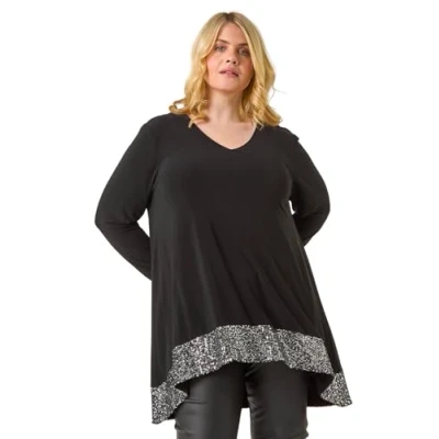 Image of Roman Curve Sequin Hem Stretch Top for Women UK Ladies Everyday Autumn Winter V Neckline Comfy Soft Evening Vacation Work Party Night Out Silver Size 20