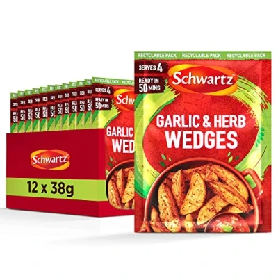 Image of Schwartz Garlic and Herb Wedges Mix 38 G Serves 4 Pack of 12 Bursting With Herbs Spices Crunchy Delicious Potato Garlic, Parsley Oregano Suitable for Vegetarians