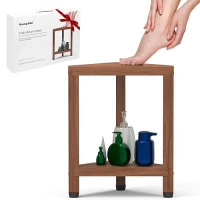 Image of Samplife Corner Shower Stool for Shaving Legs, Teak Bench Stools Inside Shower,Bathroom Seat Foot Rest with Storage Shelf Small Spaces