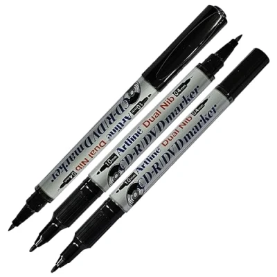 Image of artline Dual Nib Permanent Marker Pens, BLACK, Pack of 3, Fine Point (0.4mm) + Medium (1.0mm), CD DVD Markers, Waterproof Ink, Quick Dry, Writes Most Surfaces