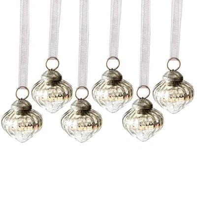 Image of Aurora Christmas Set of 6 Glass Lantern Baubles, Silver, 1&quot;