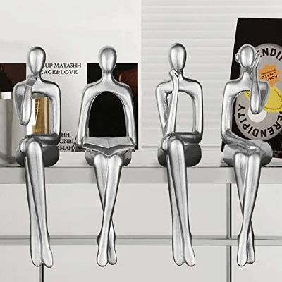 Image of 4Pcs Silver decor Thinker Statue,Modern Resin Art Sculpture,Abstract Action Figurines home ornaments for living room office Bookshelf Decoration Collectible Figures (silver)
