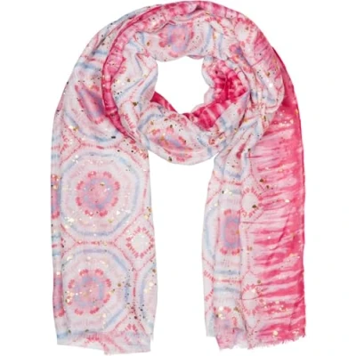 Image of styleBREAKER Women&#039;s Scarf Batik Pattern with Metallic Stripes, Lightweight Boho Style Shawl Short Fringes 01016230, Colour:Pink light blue