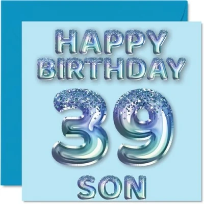 Image of 39th Birthday Card for Son Blue Glitter Party Balloons Happy Cards 39 Year Old from Mum Dad Parents, 145mm x Bday Greeting Gift