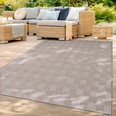 Image of Indoor &amp; Outdoor Rug Weatherproof Terrace Balcony Dining Room Geometric Look Boho Scandi Pattern Unicoloured Modern, colour:Beige White Cream, Size:160x220 cm
