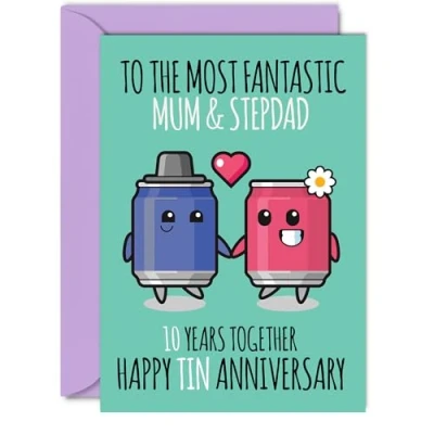 Image of Cute Tin Anniversary Card for Mum &amp; Step Dad 10 Years Together Happy 10th Wedding Cards Mum, A5 Greeting Tenth Anniversaries
