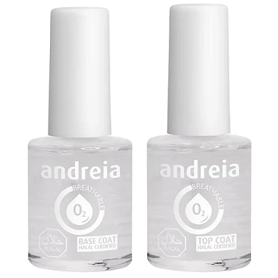 Image of Andreia Halal Breathable Nail Polish Base + Top Coats Set Water Vapour Permeable Glossy Vegan and Cruelty Free Clear 2x10.5ml