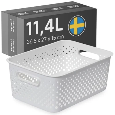Image of SmartStore Plastic Storage Basket with Handles 11.4L Medium Durable, Recycled &amp; Sustainable White Home Organizer for Shelves, Kitchen, Bathroom + 10 Year Guarantee, A4 Compatible Bin
