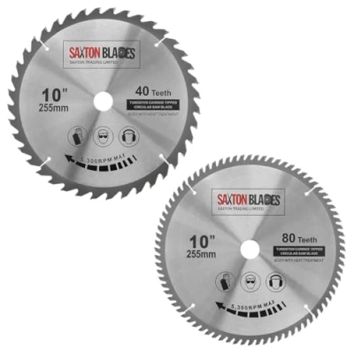 Image of Saxton TCT Circular Wood Mitre Saw Blades 255mm x 40 &amp; 80T 25.4mm Bore fits Evolution Rage Saws (Pack of 2)