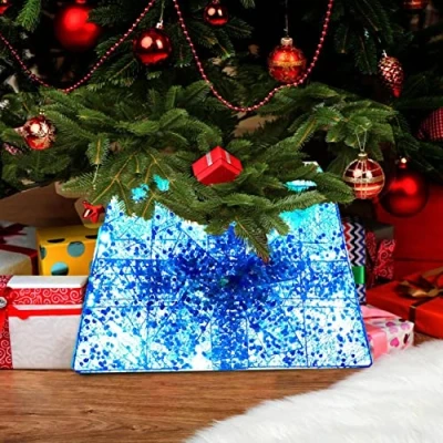 Image of Christmas Xmas Tree LED RED SANTA OR BLUE Sequin Gift Box Design Skirt Collar Tidy Stand Cover Decoration Traditional Festive Décor (Blue 6100)