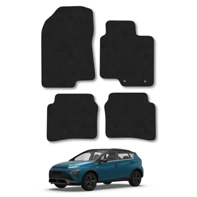 Image of Car Mats Compatible with Huyndai Bayon (2021 ) Tailored Fit Black Carpet Floor Set Accessory Custom 4 Pieces Anti Slip Backing &amp; Binding Trim Edge