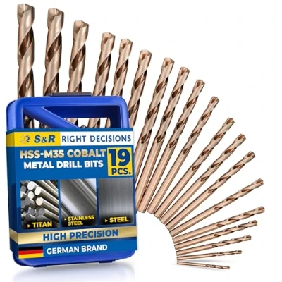 Image of S&amp;R Metal Drill Bit Set 1.0 10 mm, 19 pcs, DIN 338, HSS COBALT, Cobalt Alloy, C cut to 1412 135 , in a Box. Professional quality