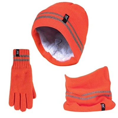Image of HEAT HOLDERS Hi Vis Hat, Neck Warmer &amp; Gloves Set Reflective Workwear for Extreme Cold Weather (L XL, Orange)