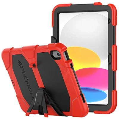 Image of TECHGEAR G SHOCK Design for iPad 10 2022 [10th Generation] 10.9&quot; Tough Rugged HEAVY DUTY Armour Shockproof Survival Protective Case with Stand Kids Schools Builders Workman RED