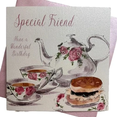 Image of white cotton cards Handmade Birthday Card for Special Friend Tea and Cakes, White, WB200