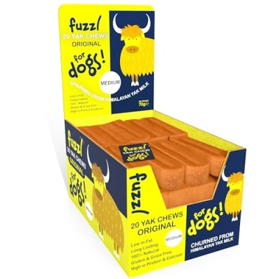 Image of Fuzzl Himalayan Yak Chews for Dogs 20 Medium Bars Original Box Natural Dog Treats with Milk Chew No Hide Food Long Lasting Dental Sticks
