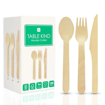 Image of Table Kind 150 x Bulk Set Wooden Cutlery Biodegradable Knives, Forks, Spoons, 17cm Utensils, Perfect for Birthday Party, Camping, Picnics, BBQs, Christmas, Catering, Home Compostable Made in EU