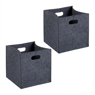 Image of Relaxdays Storage Box, Set of 2, Foldable Organisers, HWD: 30 x cm, Grip Holes, Made Felt, Anthracite