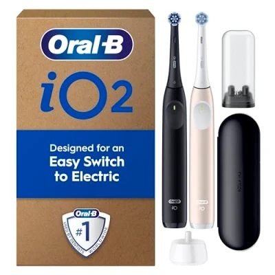 Image of Oral B iO2 Duo Night Black and Calm Pink Electric Toothbrushes, 2 Toothbrush Heads, 1 Travel Case, Refill Holder, Designed by Braun