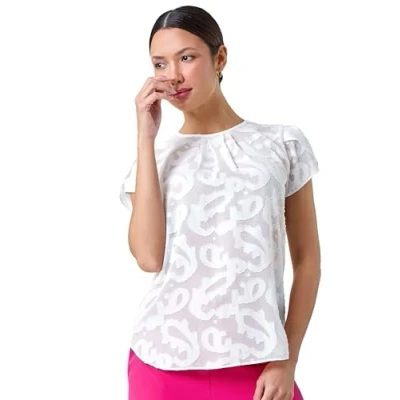 Image of Roman Jacquard Paisley Print Top for Women UK Ladies Spring Everyday Summer Holiday Round Neckline Comfy Frill Sleeve Soft Woven Fabric Shirt Pleat Vacation Blouses Ivory Size 12