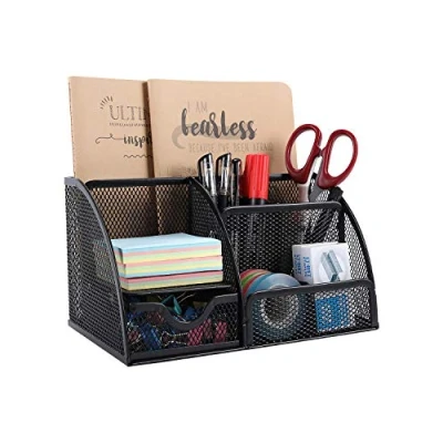 Image of EasyPAG Office Mesh Desk Tidy Versatile Stationery Storage Desktop Organiser Pen Holder with Drawer,Black
