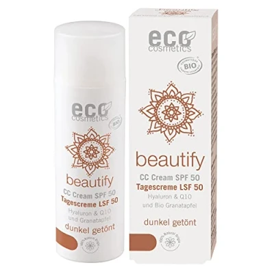 Image of eco cosmetics Bio CC Cream, Day Cream Tinted with OPC, Q10 and Hyaluronic Acid, Vegan Anti Wrinkle SPF 50, 1 x 50 ml (Dark)