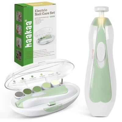Image of haakaa Baby Nail File Electric Care Set with LED Light, Clippers for Newborn/Infants/Adults Toes and Fingernails, Additional 6 Replacement Heads &amp; Storage Case, Green