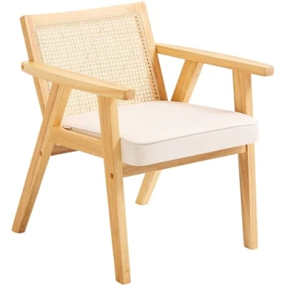 Image of VEVOR, Mid Century Modern Armrest, Upholstered Back, Retro Rattan Dining Kitchen Chair for Living, Bedroom, Reading Room, and Office, Beige, White, 25.2 x 26.38 30.31 in