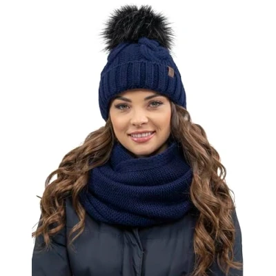 Image of Vivisence Stylish Women&#039;s Winter Set Including Pompom Hat and Cozy Snood Scarf Made from Soft Warm Fabric Smooth Fleece Lining Ideal for Cold Days, Dark Blue,UNI