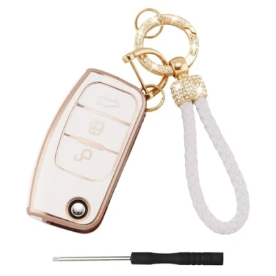 Image of FEXPDL Car Key Cover Keychain Compatible with Ford 3, TPU Fob Cover, Case Focus Fiesta Galaxy Kuga C Max S Mondeo MK4 Accessories (Golden Edge White)